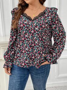 SHEIN Frenchy Plus Ditsy Floral Print Flounce Sleeve Ruffle Trim Blouse - Multicolor - View 4