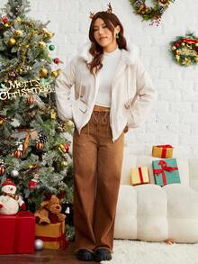 SHEIN EZwear Fuzzy Trim Hooded Drawstring Waist Plush Lined Jacket - Apricot - View 5