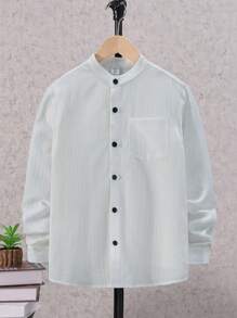 SHEIN Tween Boy Solid Button Front Shirt Without Tee - White - View 5