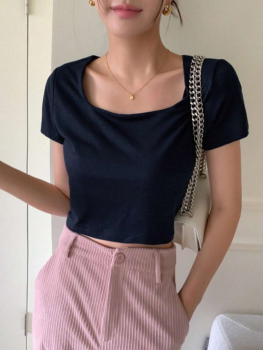 DAZY Chất rắn Scoop Cổ Áo phông Crop - Màu xanh lam - Xem 1