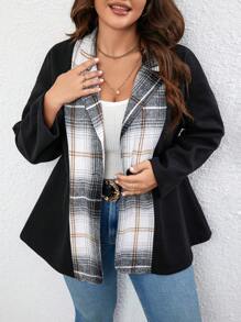 SHEIN Unity Plus Plaid Print Drop Shoulder Overcoat - Black - View 4