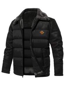 Men Patched Detail Borg Collar Padded Coat - Black - View 3
