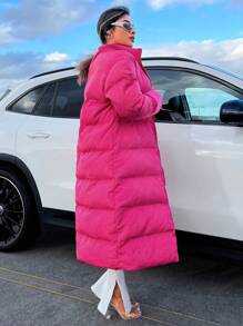 SHEIN SXY 冬季纯色拉链夹棉大衣 - 玫紅色 - 查看 2