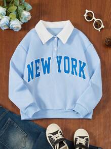 SHEIN Explorewe 女大童字母圖案拼接領落肩袖Polo領運動衫 - 藍色 - 查看 8