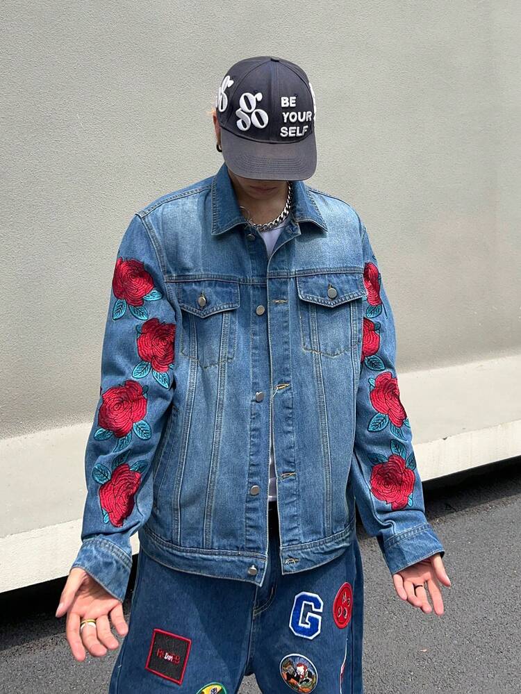 Men Floral Pattern Flap Detail Denim Jacket