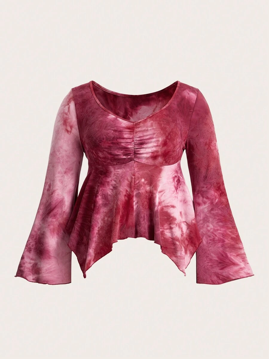 PUNK Plus Tie Dye Ruched Bust Asymmetrical Hem Tee - Hot Pink - View 1