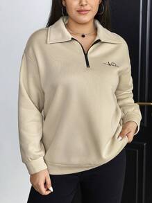 SHEIN Essnce Plus Letter Embroidery Half Zip Drop Shoulder Sweatshirt - Apricot - View 1