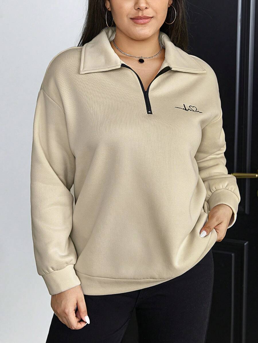 SHEIN Essnce Plus Letter Embroidery Half Zip Drop Shoulder Sweatshirt - Apricot - View 1