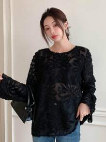 DAZY Solid Sheer Mesh Blouse Without Bra Going Out Tops,Back To School Clothes,Fall Women Clothes Long Sleeve Top - Black - View 3