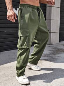 Manfinity LEGND Men's Plus Size Loose Cargo Pants With Flap Pockets And Elastic Drawstring Waist - Black - View 7