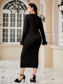 Modelyn Talla grande Vestido de punto de peluche puño de cuello con abertura de ojo sin cinturón - Negro - Ver 2