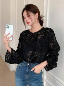 DAZY Solid Sheer Mesh Blouse Without Bra Going Out Tops,Back To School Clothes,Fall Women Clothes Long Sleeve Top - Black - View 5