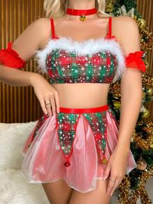 Christmas Snowflake Print Fuzzy Trim Garter Lingerie Set - Multicolor - View 3