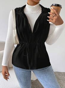 SHEIN Essnce Chaleco con capucha con cremallera y cintura con cordón acolchado, ropa de invierno - Negro - Ver 7