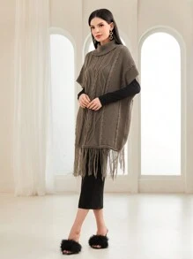 Seusyu Turtleneck Batwing Sleeve Fringe Hem Cable Knit Poncho Knit Pullover Sweater Fall Winter - Khaki - View 4