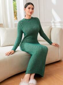 Modelyn Raglan Sleeve Ribbed Knit Sweater Dress Without Belt - Dark Green - View 5