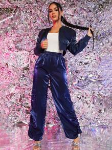 SHEIN PETITE Zipper Long Sleeve Solid Crop Bomber Jacket - Blue - View 6