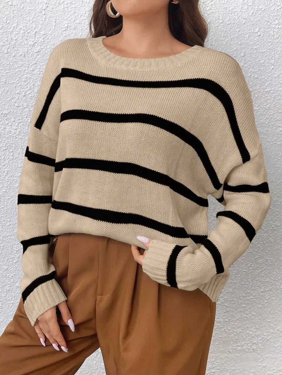 Celure Talla grande Jersey con patrón de rayas de hombros caídos - Caqui - Ver 1