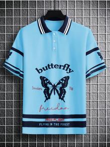 Manfinity Hypemode Nam Hoạt hình Bướm & Chữ cái Sọc trang trí Áo polo - Màu xanh lam - Xem 3