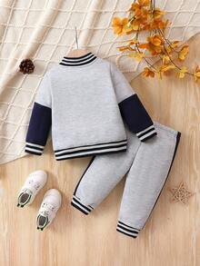 Baby Boy Letter Patched Striped Trim Varsity Jacket & Sweatpants Without Tee - Multicolor - View 2