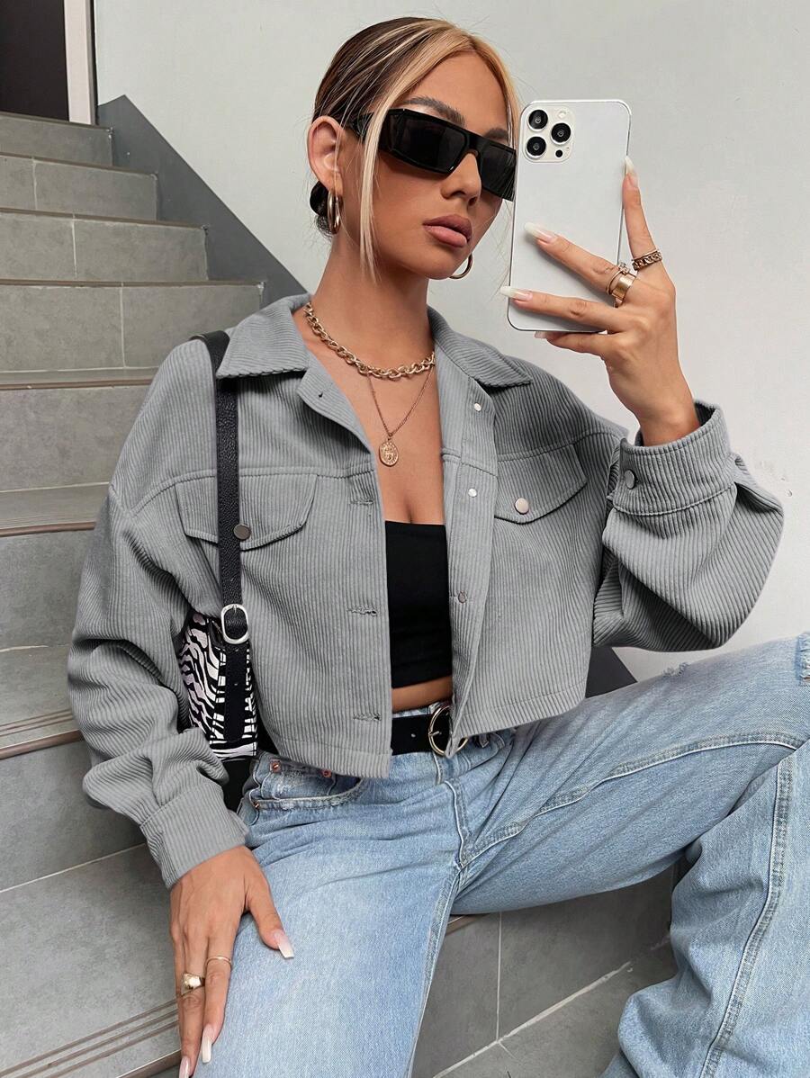 SHEIN EZwear Flap Detail Drop Shoulder Crop Corduroy Jacket In Fall/Winter - Grey - View 1