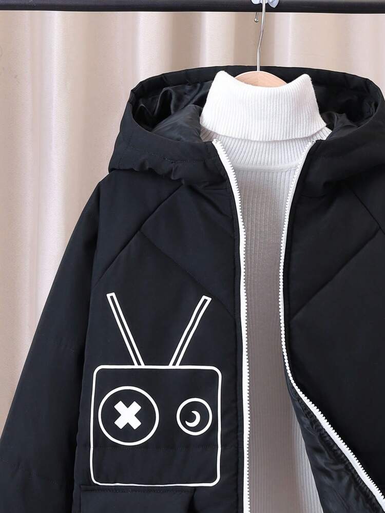 Tween Boy 1pc Cartoon Graphic Flap Detail Zipper Hooded Padded Coat