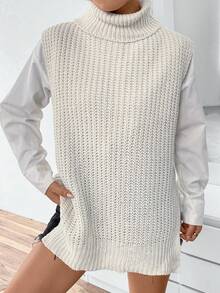 SHEIN Unity Turtleneck Split Hem Sweater Vest Without Blouse - Apricot - View 4