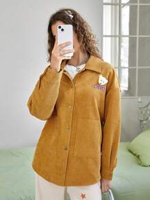 SHEIN EZwear Lá thư & Bản vá Gấu Thả vai Áo khoác vải nhung - Màu vàng - Xem 5