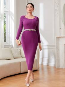 Modelyn Button Detail Ribbed Knit Sweater Dress - Red Violet - View 3