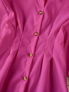 SHEIN 女小童弧形下擺前紐扣褶皺襯衫洋裝 - 玫紅色 - 查看 3