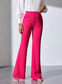 SHEIN Tall 紐扣細節喇叭褲 - 玫紅色 - 查看 4