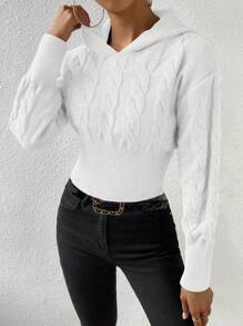 Chiquease Áo len dệt kim dáng ngắn, vai rớt, có mũ, thích hợp cho mùa thu đông. - trắng - Xem 1