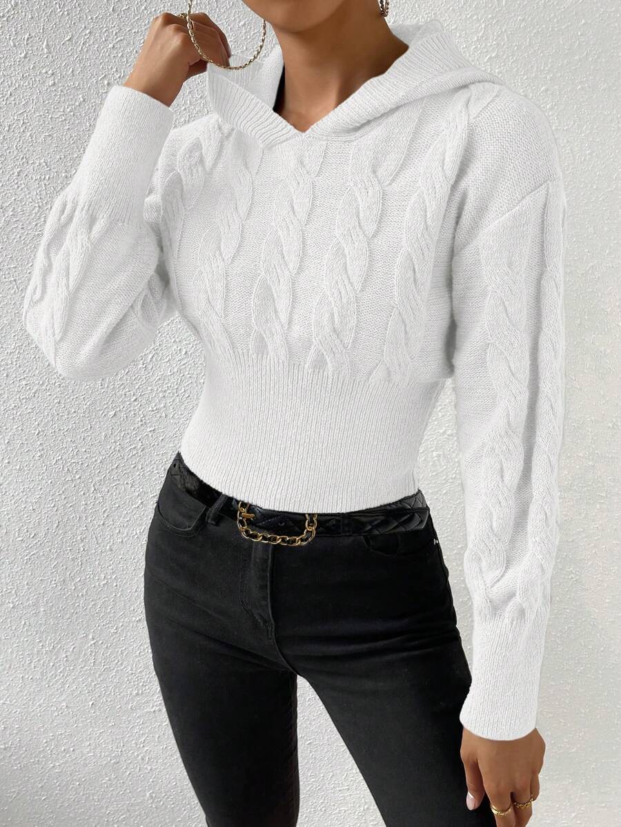 Chiquease Áo len dệt kim dáng ngắn, vai rớt, có mũ, thích hợp cho mùa thu đông. - trắng - Xem 1