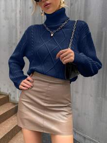 SHEIN Privé Turtleneck Cable Knit Drop Shoulder Sweater - Royal Blue - View 3