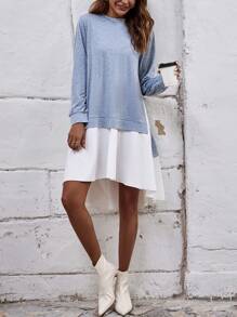 SHEIN LUNE Two Tone Ruffle Hem Sweatshirt Dress Pullover Fall Outfit - Grey - View 6