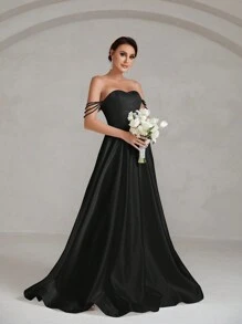 Off Shoulder Kết cườm Chi tiết Xa ten Ống Váy dự tiệc - màu đen - Xem 1