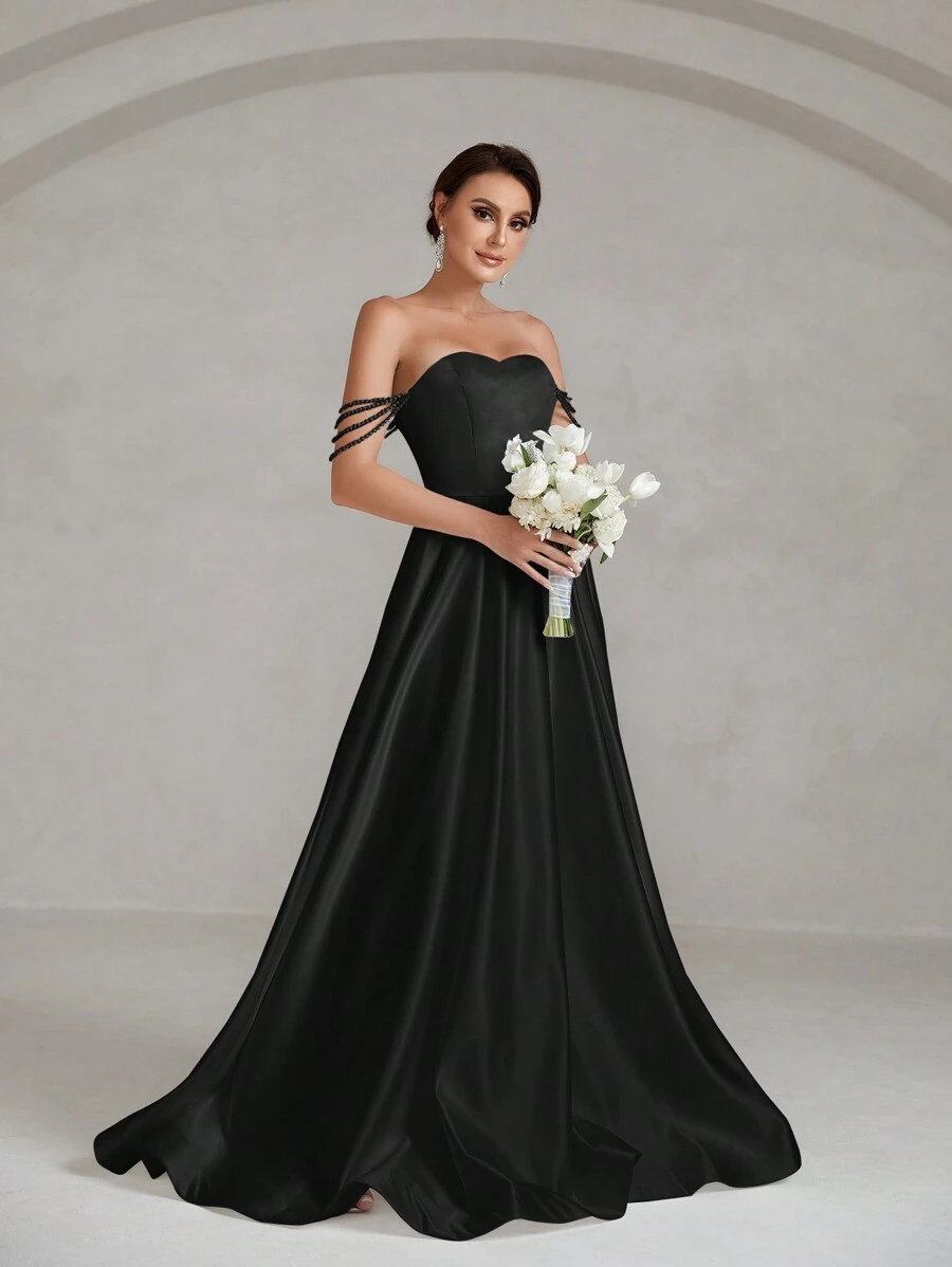 Off Shoulder Kết cườm Chi tiết Xa ten Ống Váy dự tiệc - màu đen - Xem 1