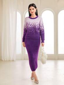 Modelyn Colorblock Sweater & Knit Skirt 2 Piece Set Fall Cloth For Women - Purple - View 4
