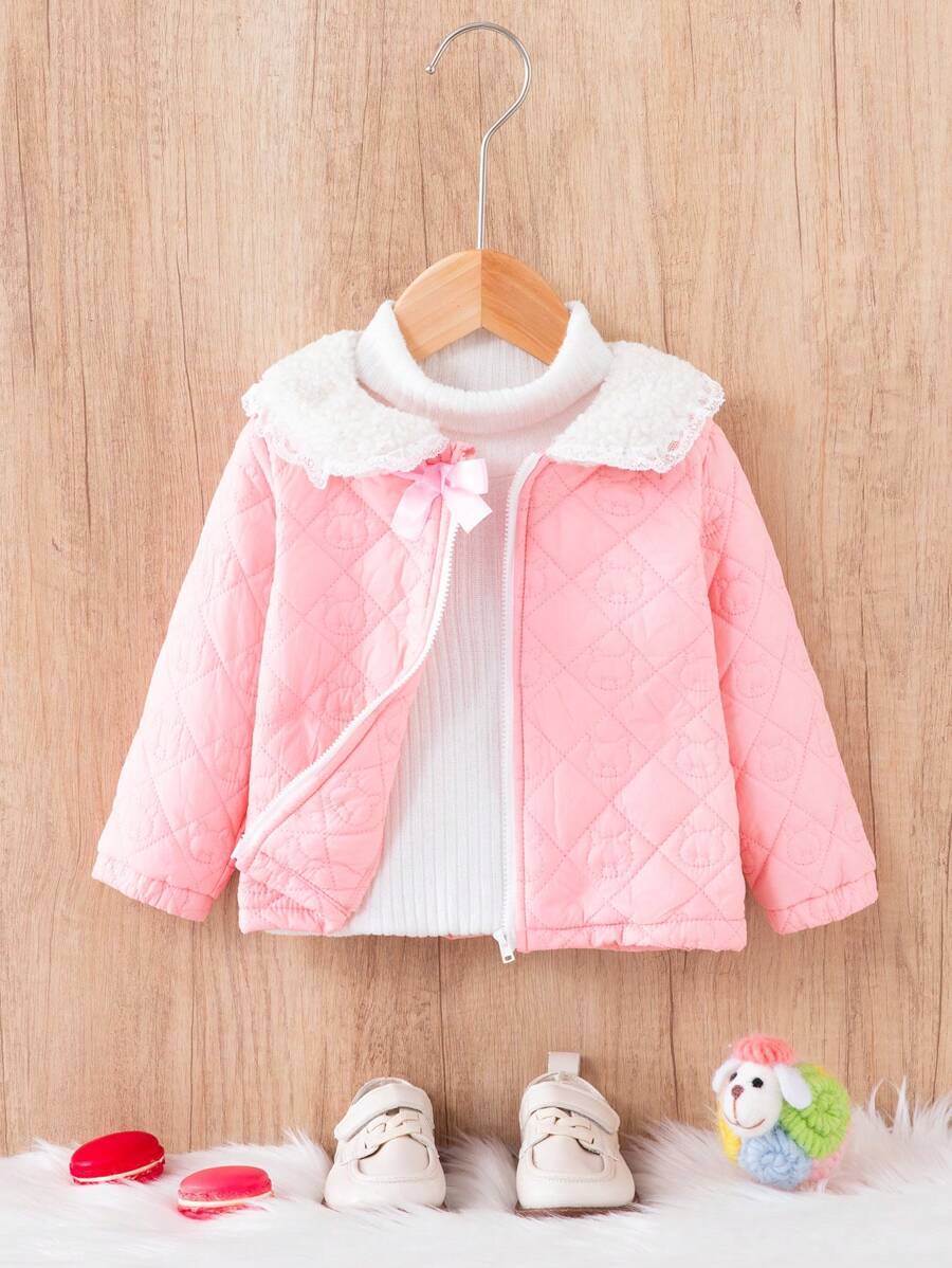 SHEIN Baby Girl Borg Collar Bow Front Raglan Sleeve Quilted Coat Without Sweater - Pink - View 1