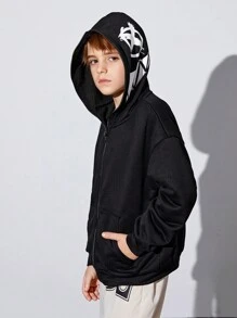 SHEIN 男童休闲宽松针织卫衣，印花图案，日常穿着 - 黑色 - 查看 2