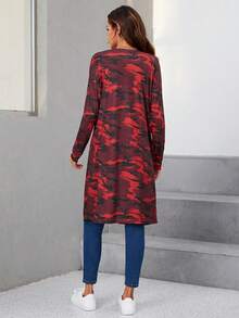 SHEIN LUNE Camo Print Open Front Coat - Red - View 3