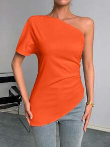 SHEIN Essnce One Shoulder Asymmetrical Hem Blouse - Orange - View 4