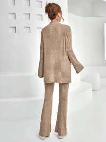 SHEIN Essnce Mock Neck Split Hem Tee & Flare Leg Pants - Camel - View 2