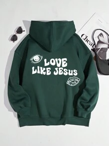 SHEIN EZwear Slogan Graphic Drawstring Thermal Lined Hoodie - Green - View 1