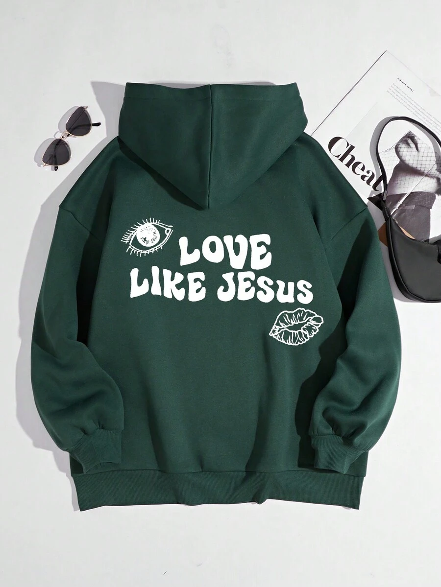 SHEIN EZwear Slogan Graphic Drawstring Thermal Lined Hoodie - Green - View 1