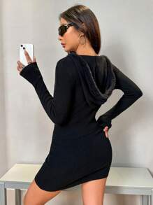 Flirla Lace Up Front Hooded Sweater & Knit Skirt Fall Cloth For Women - Black - View 2