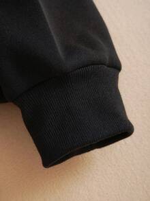 SHEIN EZwear 字母圖案條紋飾邊加絨內裏運動衫 - 黑色 - 查看 3