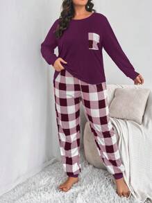 Plus Buffalo Plaid Print Pocket Patched Tee & Trousers PJ Set - Multicolor - View 3