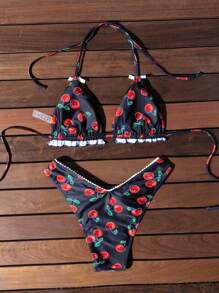 櫻桃圖案頸掛三角杯比基尼套裝