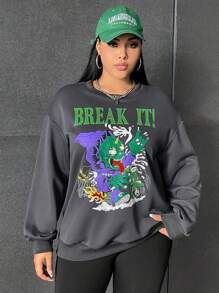 SHEIN EZwear 大碼字母和卡通圖案落肩袖運動衫 - 深灰色 - 查看 5